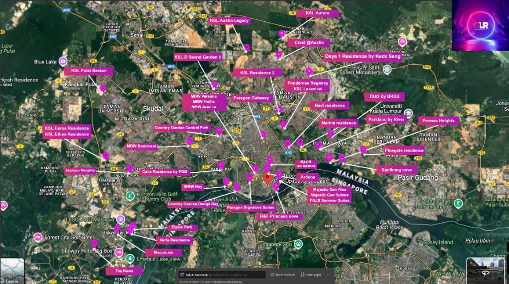 Satellite map of Johor Bahru and northern Singapore with labelled project locations across the region.